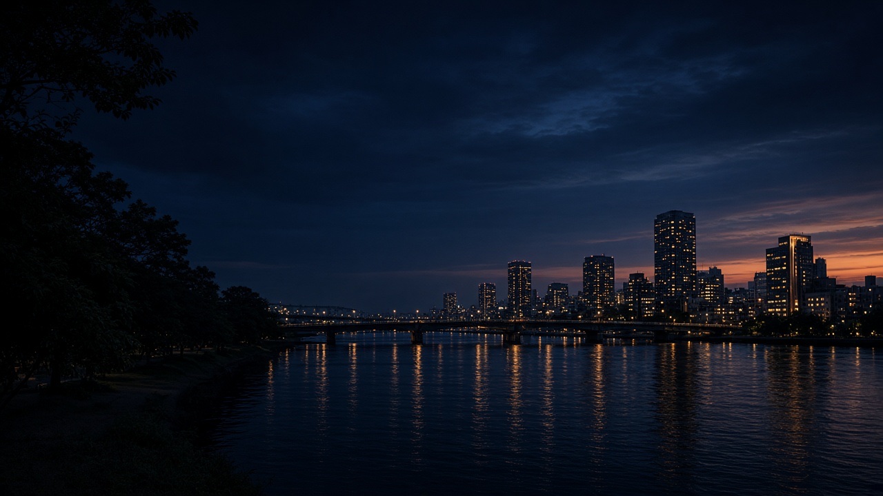夕暮れの都市と水面